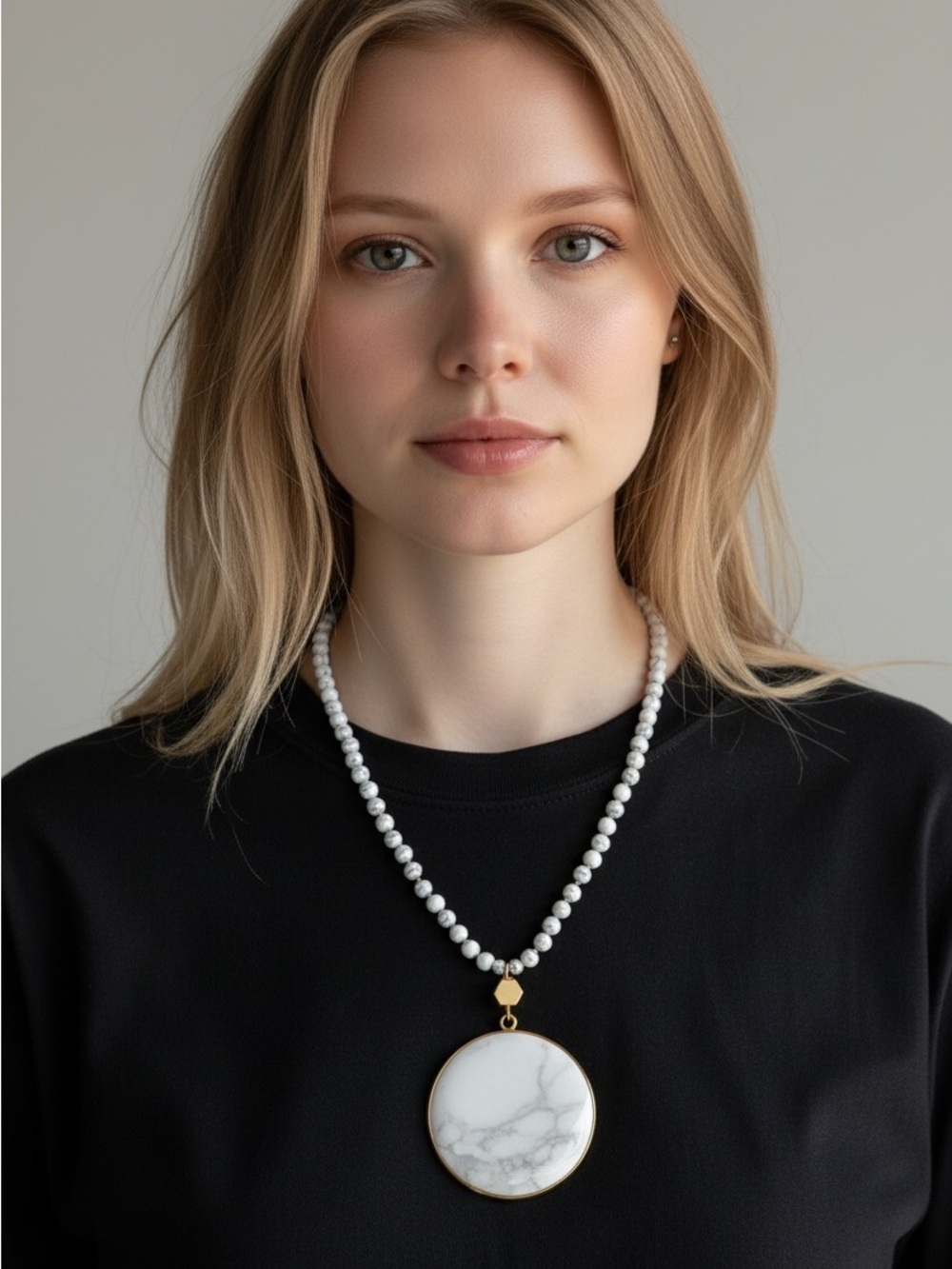10/2 Elegant White Pearl Necklace with Marble Pendant - Gold Accents